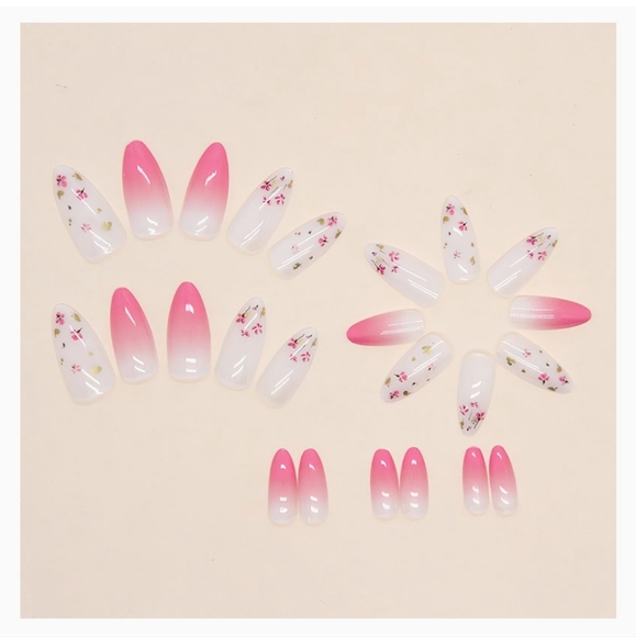 Floral Pink French Full Cover Stick on Nails Almond Glossy Gradient Pink NWT - Picture 3 of 6